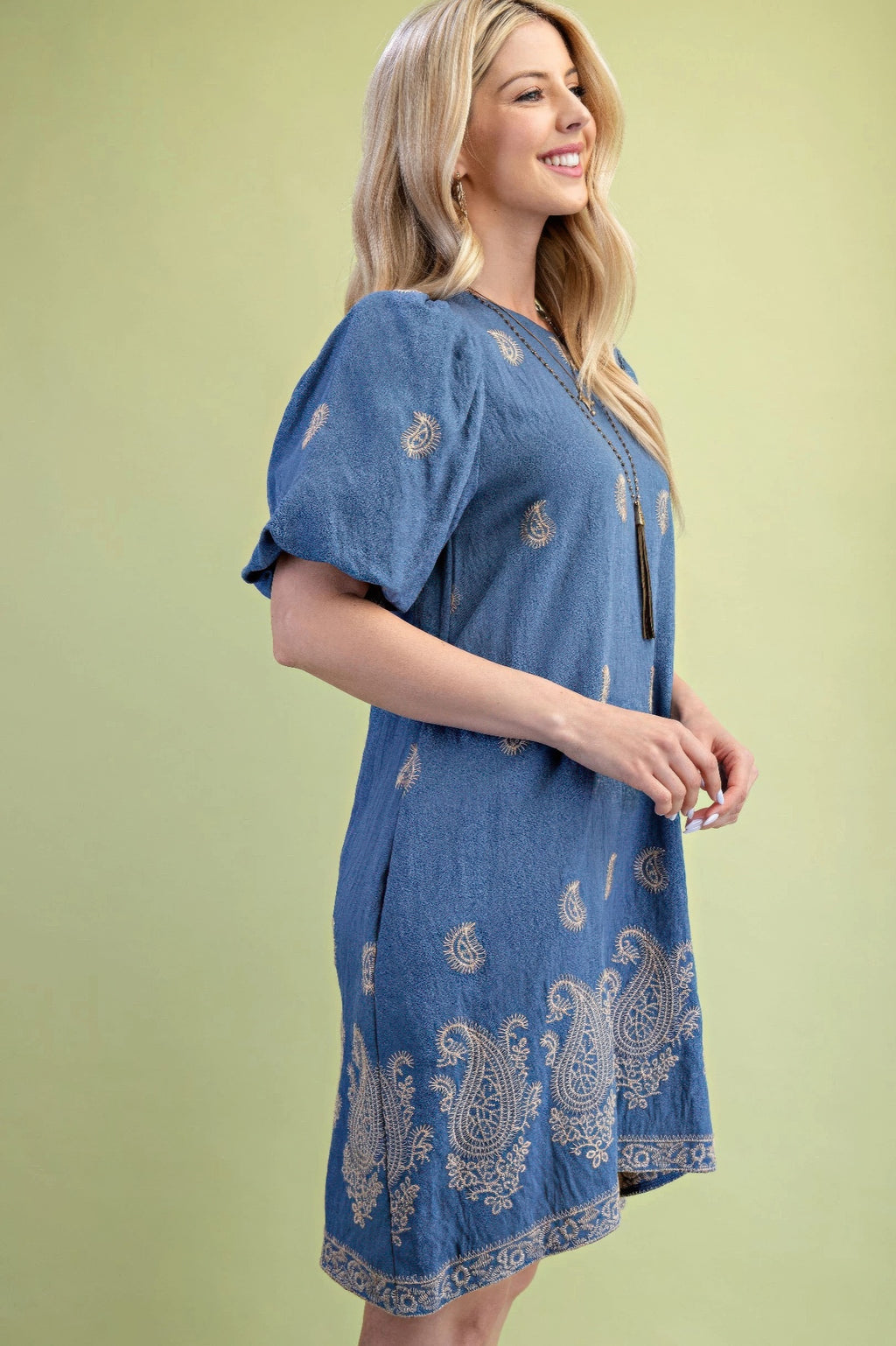 Paisley Embroidered Puff Sleeve Dress -