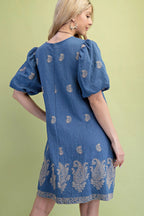 Paisley Embroidered Puff Sleeve Dress -