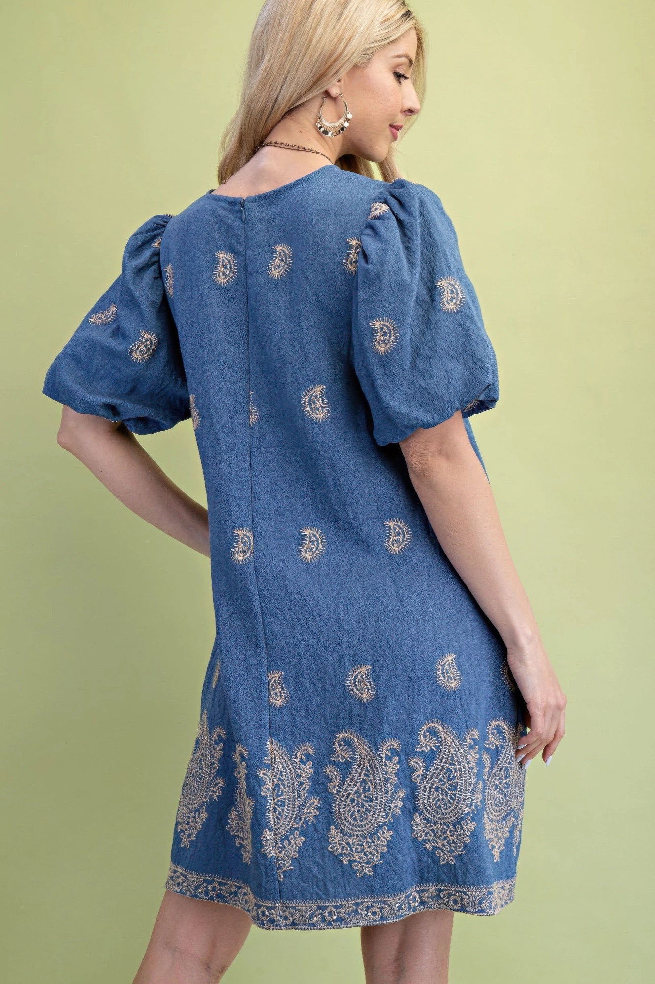 Paisley Embroidered Puff Sleeve Dress -
