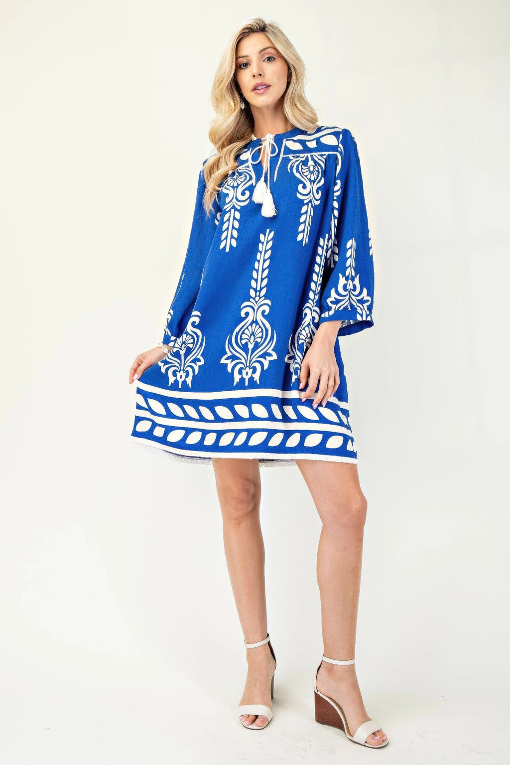 Boho Tassel Tie Mini Dress - Blue