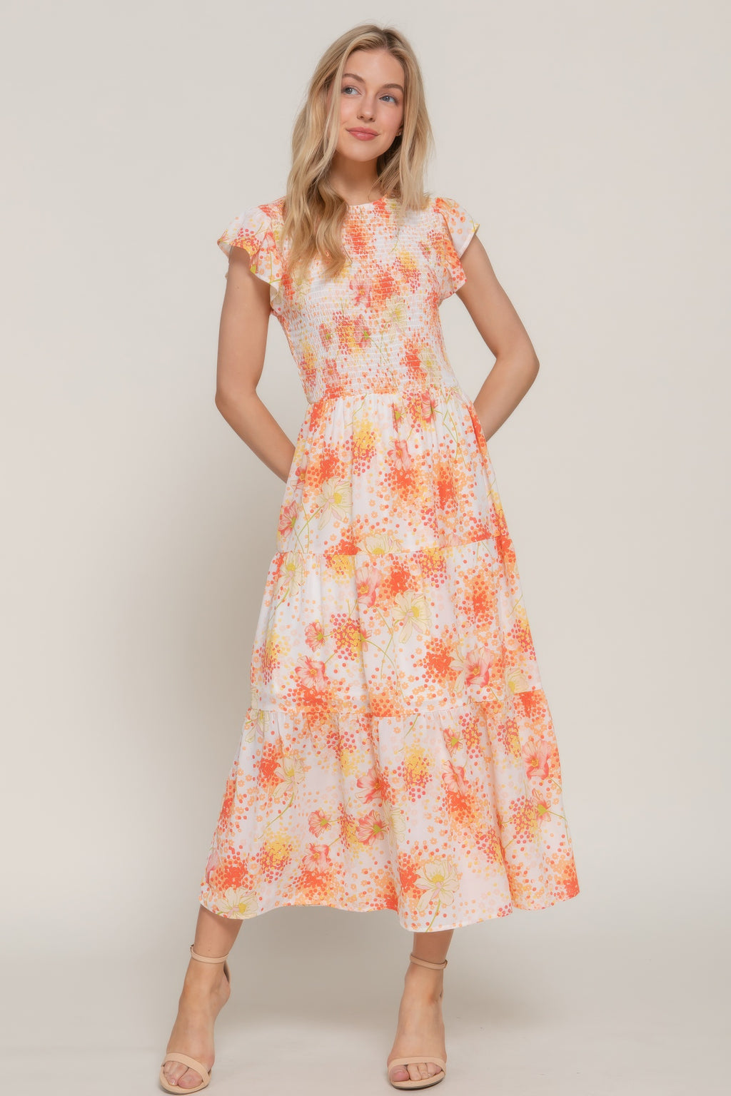 Smocked Ruffle Floral Midi Dress - Ivory yellow