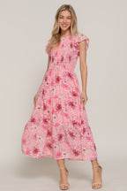 Smocked Ruffle Floral Midi Dress - Pink burgundy