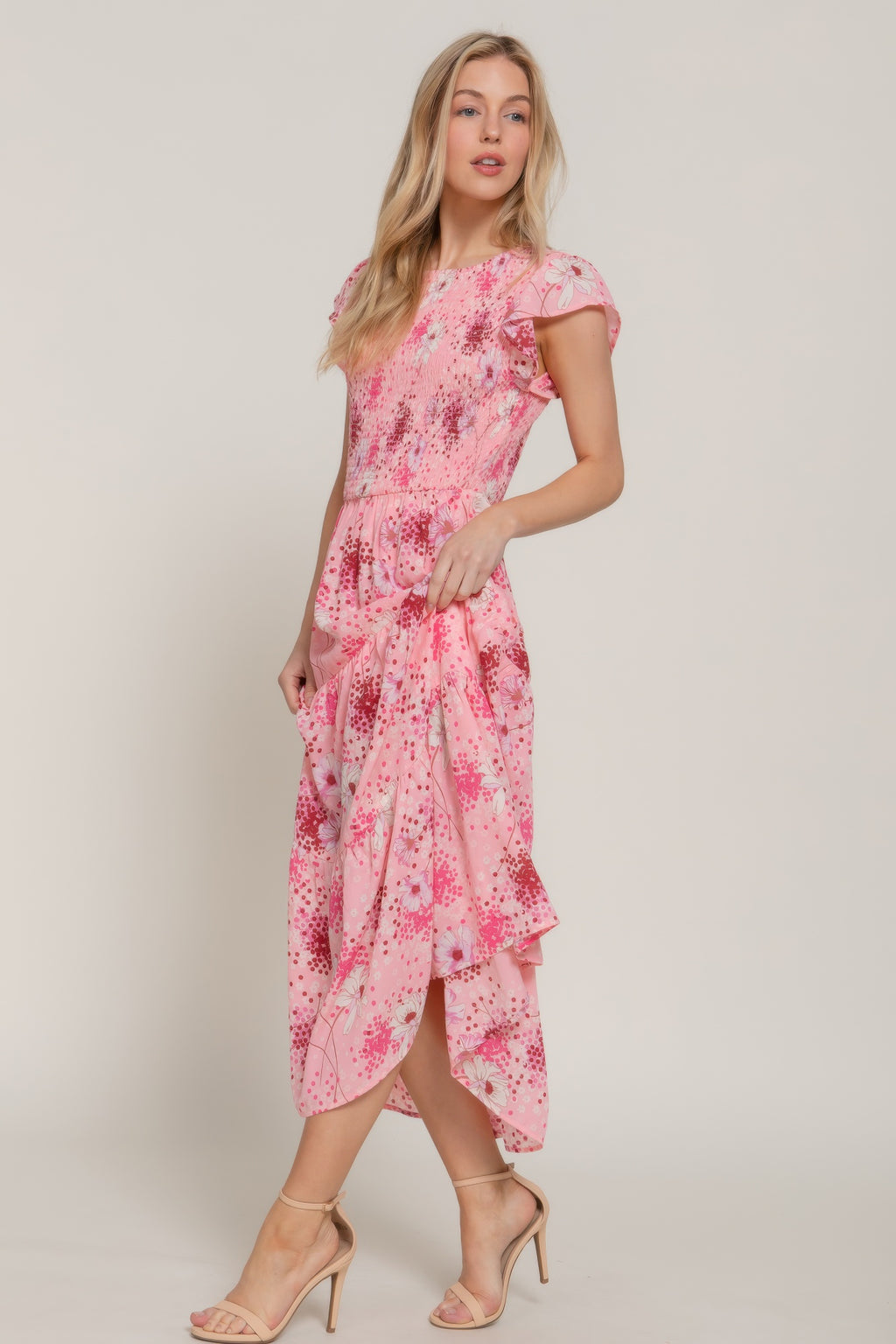 Smocked Ruffle Floral Midi Dress -