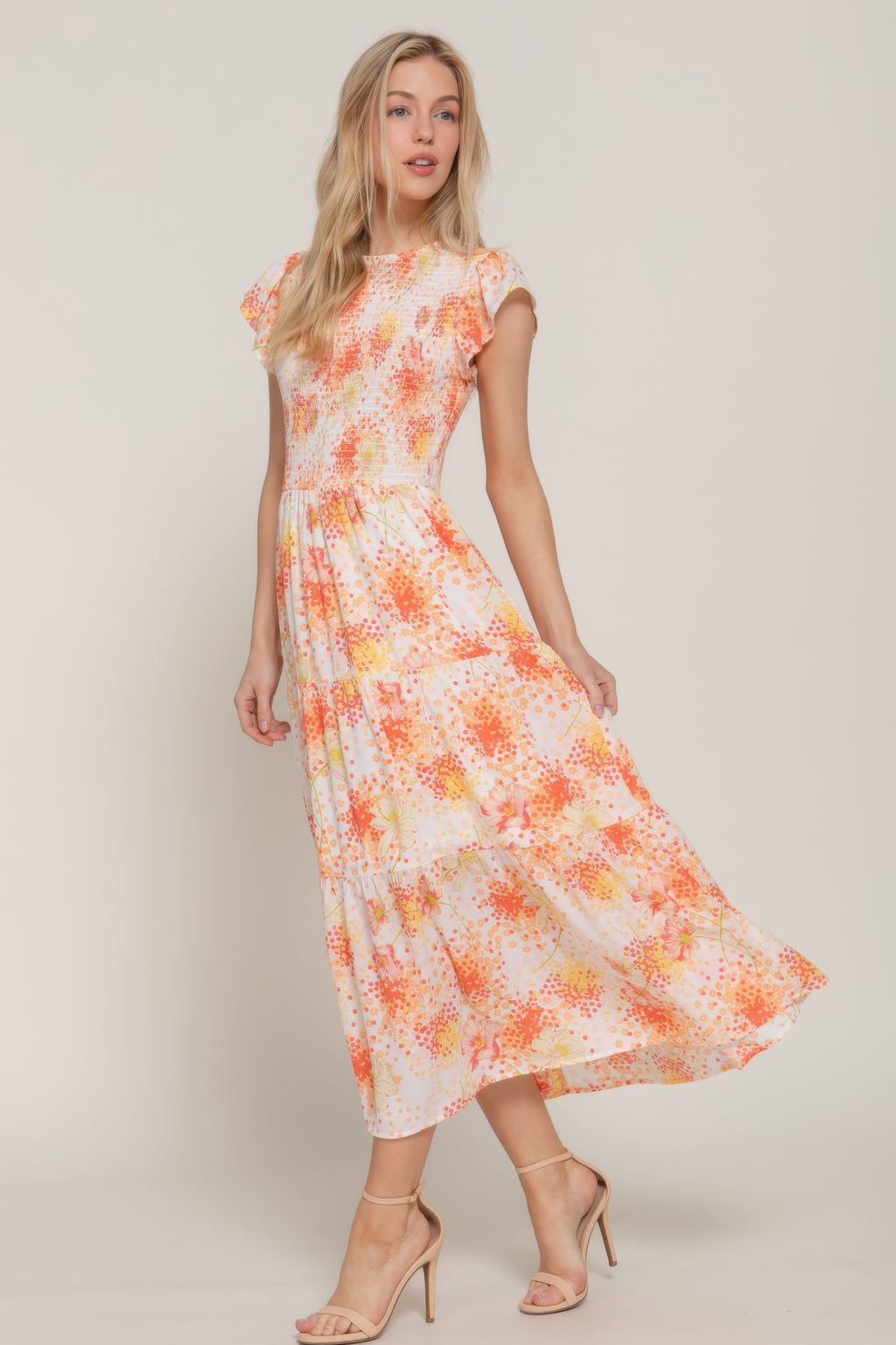 Smocked Ruffle Floral Midi Dress -