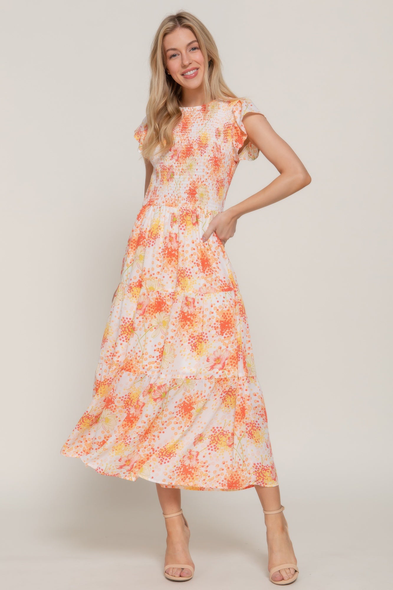 Smocked Ruffle Floral Midi Dress -
