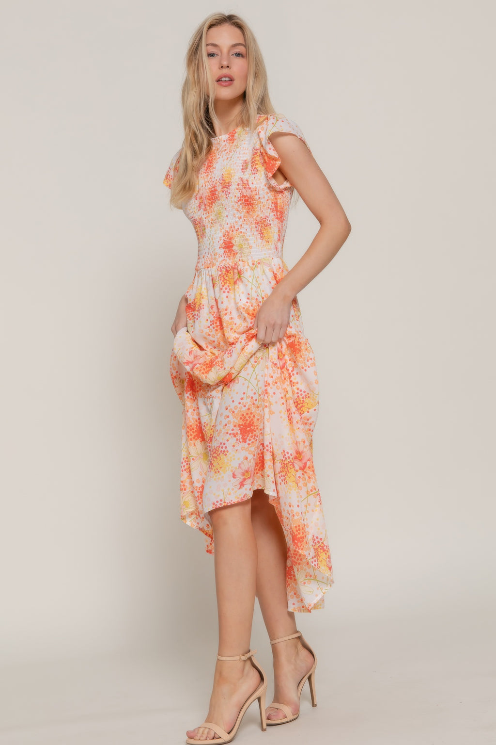Smocked Ruffle Floral Midi Dress -