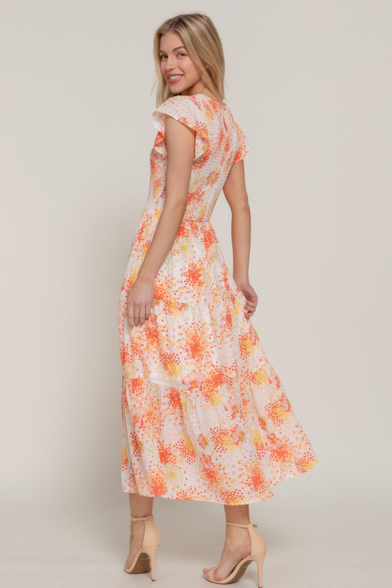 Smocked Ruffle Floral Midi Dress -