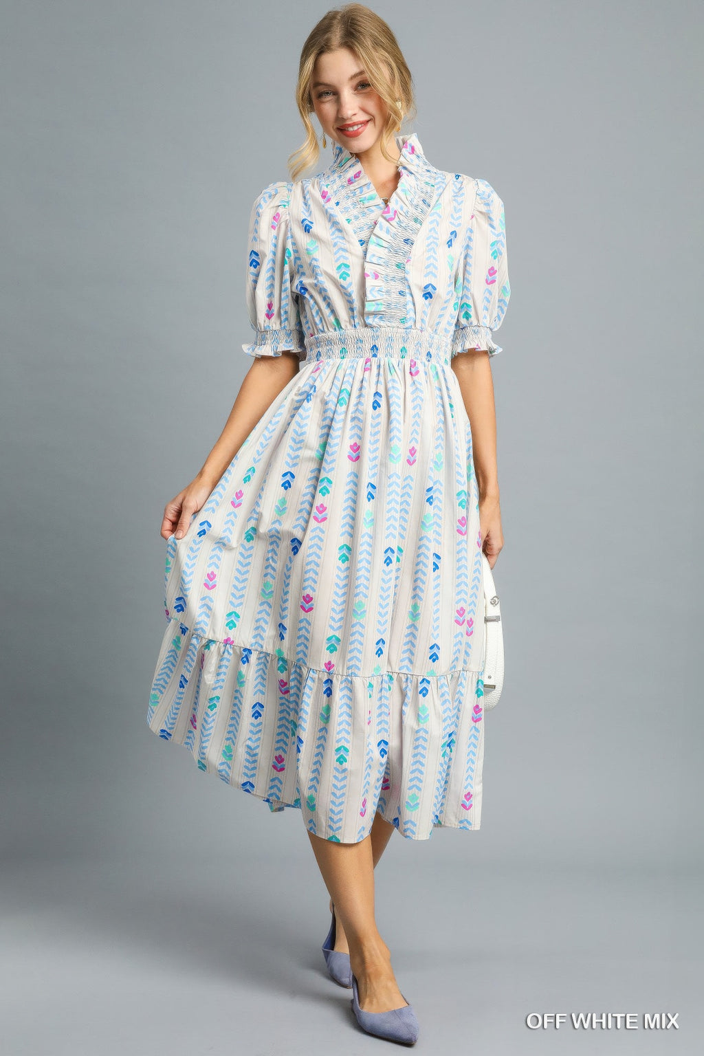 Ruffle Smocked Midi Dress - L