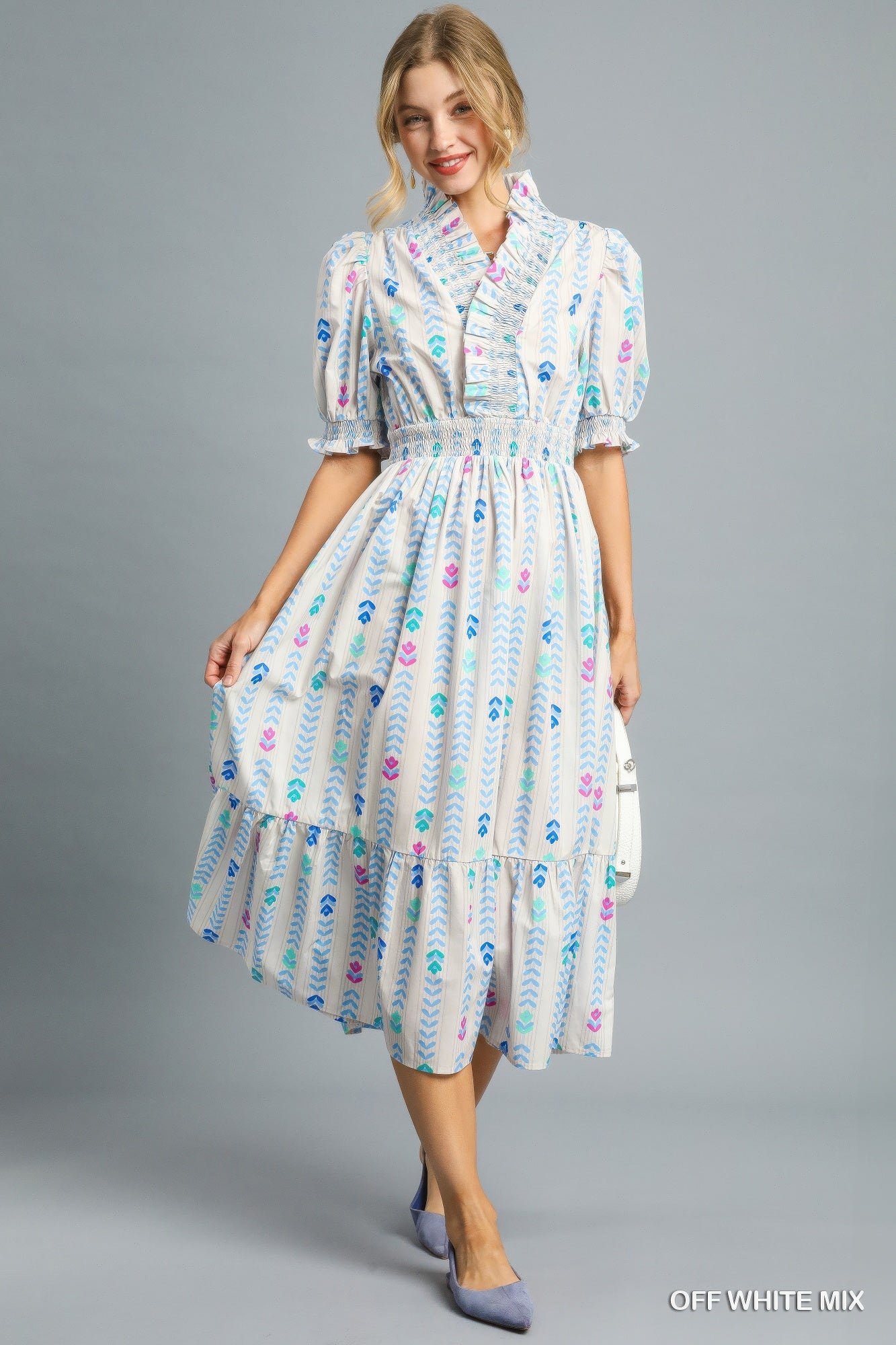 Ruffle Smocked Midi Dress - L