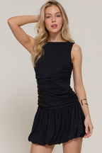 Ruched Boat Neck Bubble Mini Dress -
