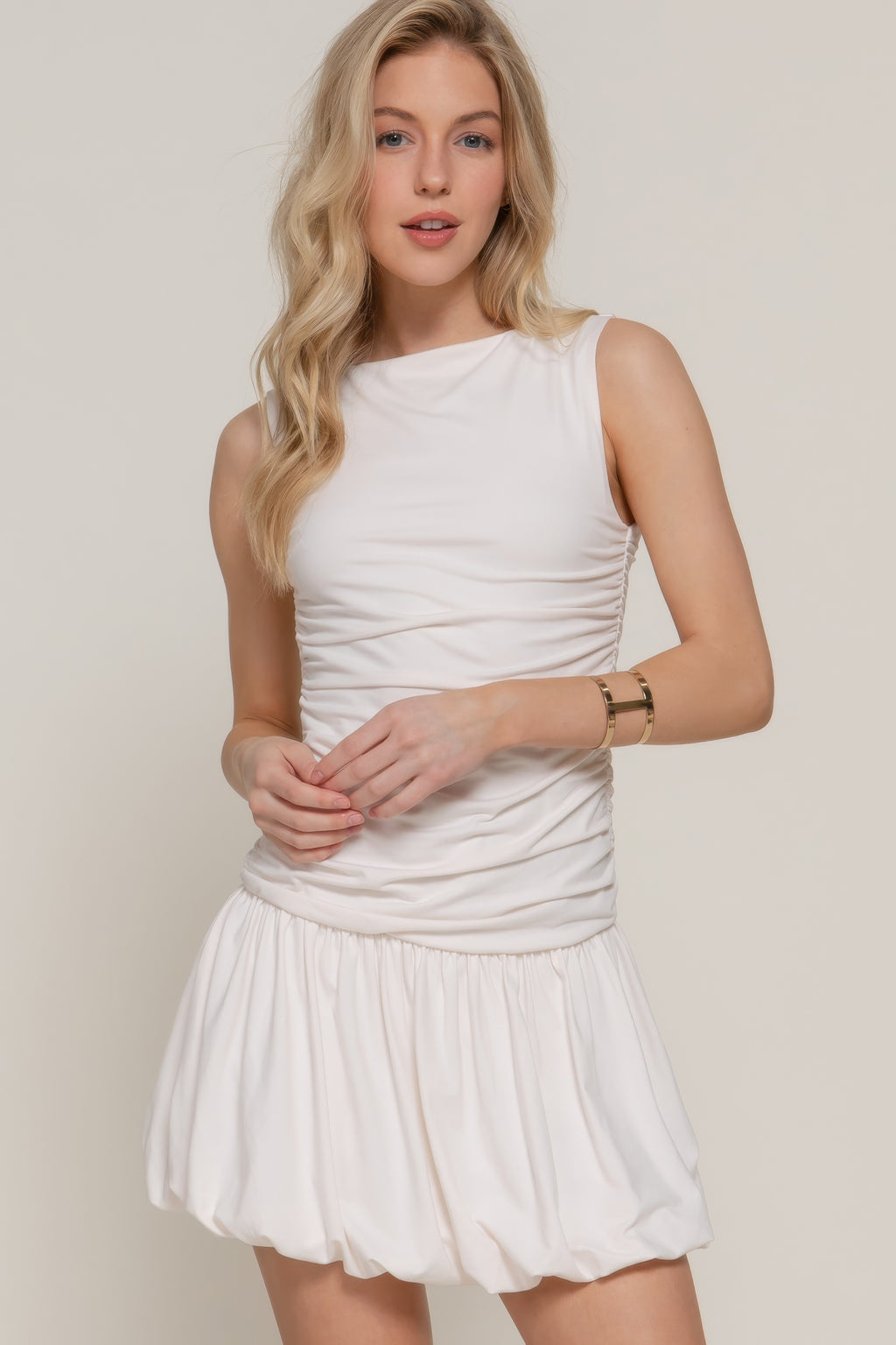 Ruched Boat Neck Bubble Mini Dress -