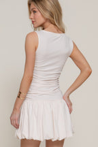 Ruched Boat Neck Bubble Mini Dress -