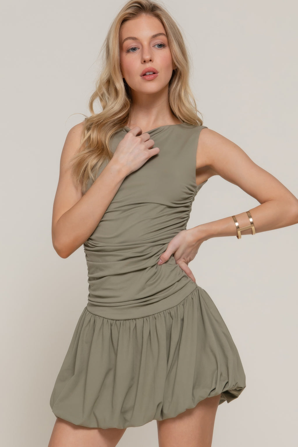 Ruched Boat Neck Bubble Mini Dress -