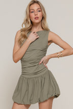 Ruched Boat Neck Bubble Mini Dress -