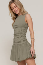 Ruched Boat Neck Bubble Mini Dress -