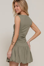 Ruched Boat Neck Bubble Mini Dress -