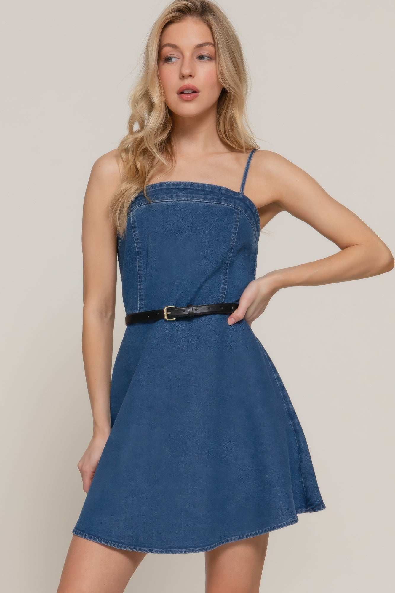 Belted Denim Mini Dress -