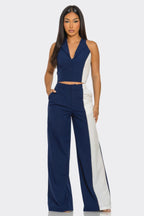 Colorblock Vest Wide Leg Set - Navy combo