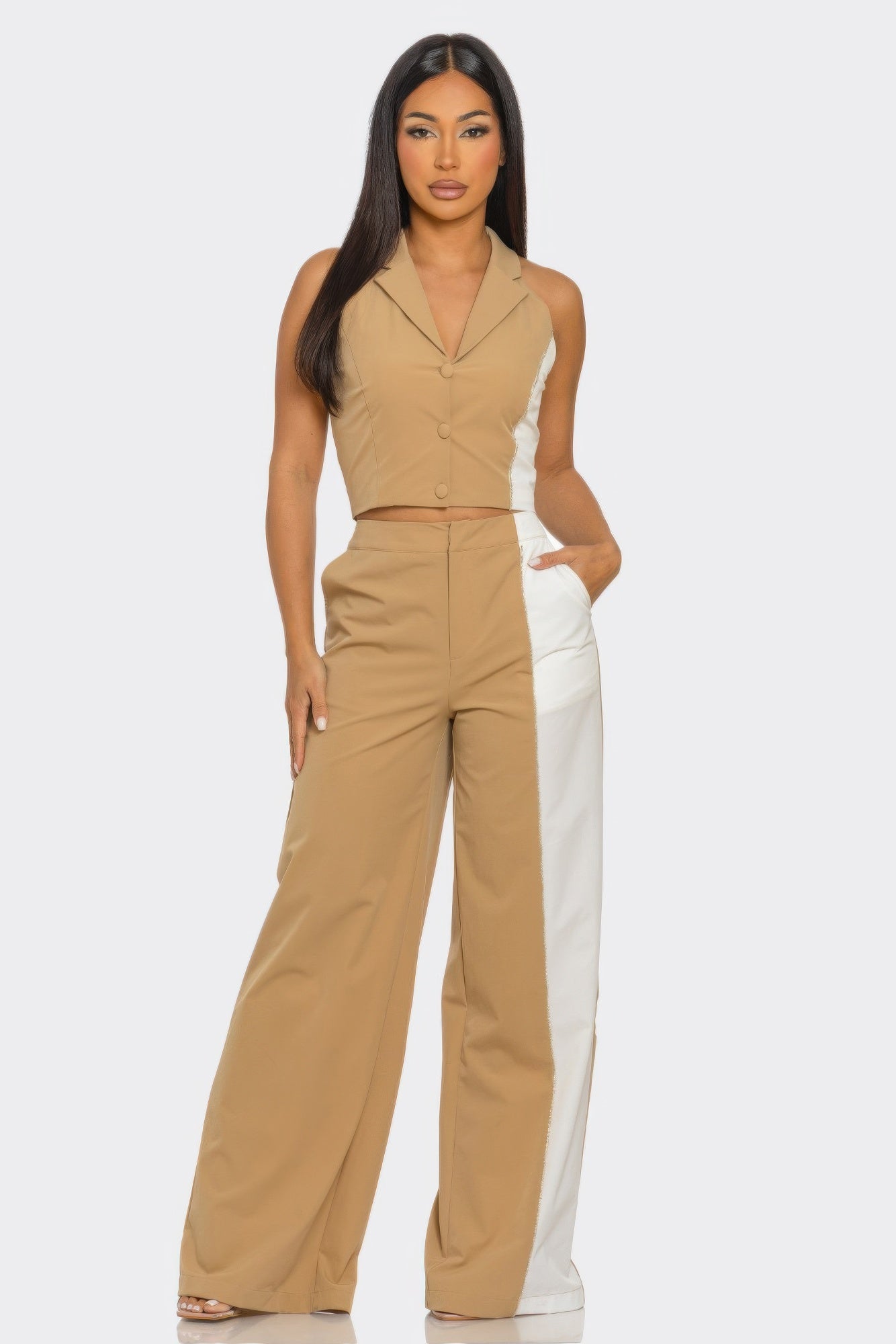 Colorblock Vest Wide Leg Set - Nude combo