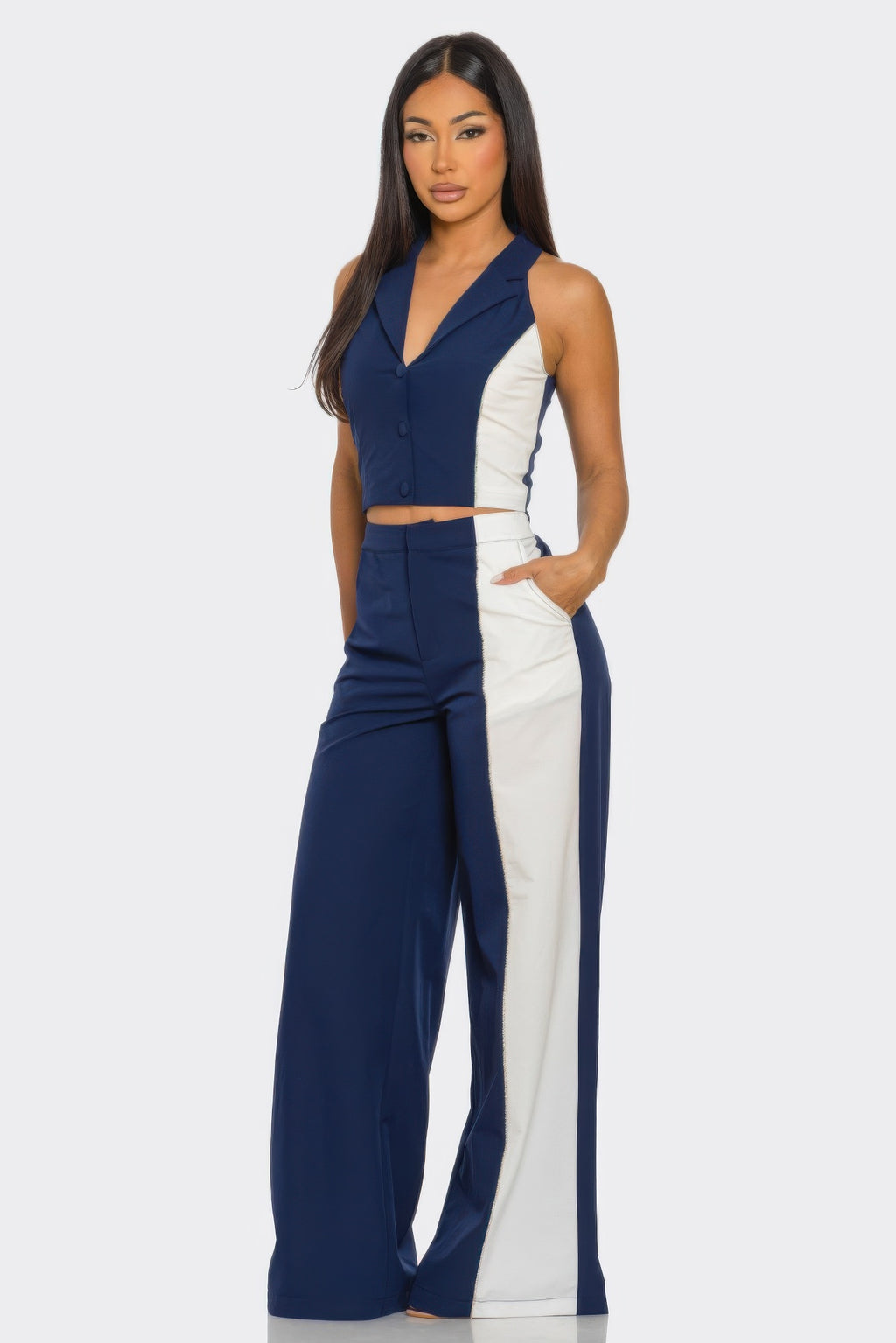Colorblock Vest Wide Leg Set -
