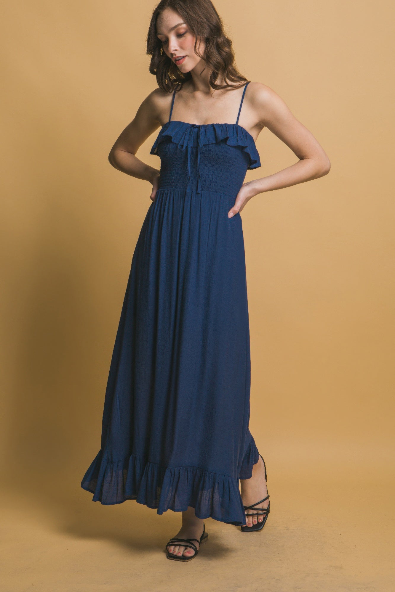 Ruffle Trim Smocked Maxi Dress -
