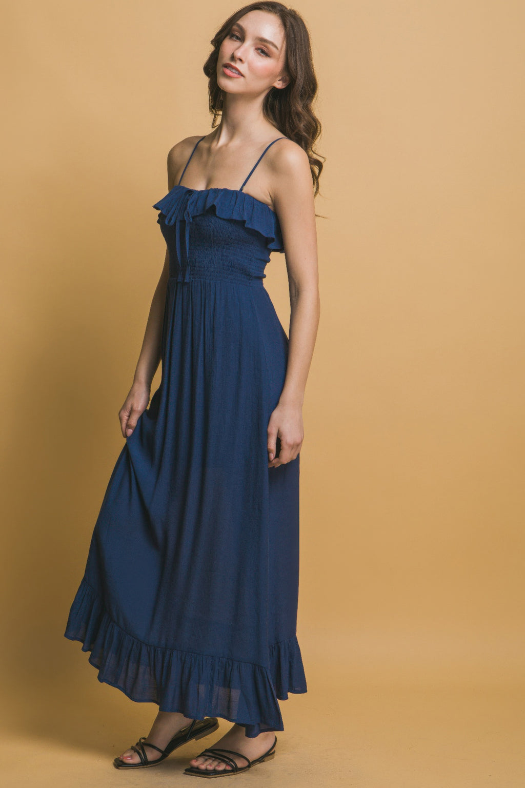 Ruffle Trim Smocked Maxi Dress - Navy
