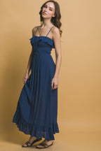 Ruffle Trim Smocked Maxi Dress - Navy