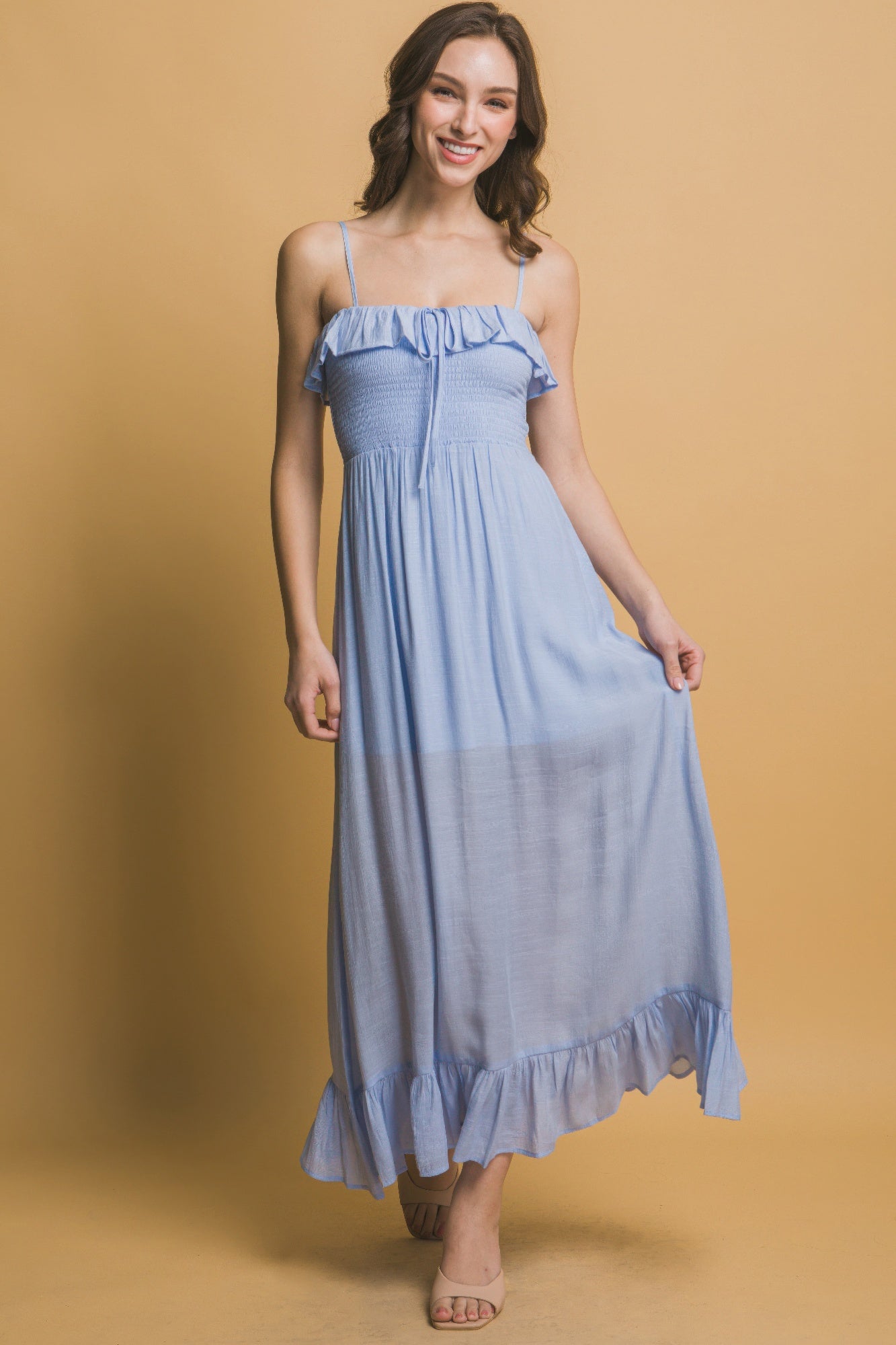 Ruffle Trim Smocked Maxi Dress -