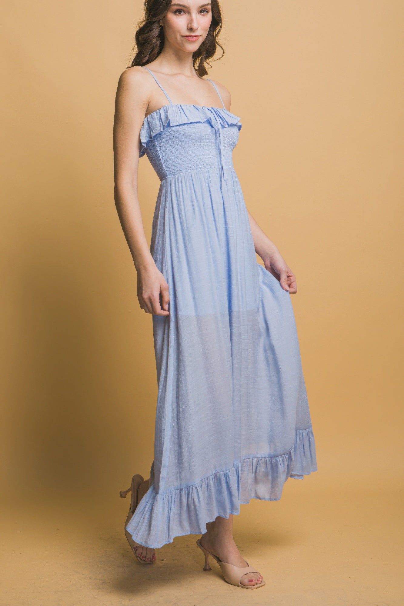 Ruffle Trim Smocked Maxi Dress - Blue