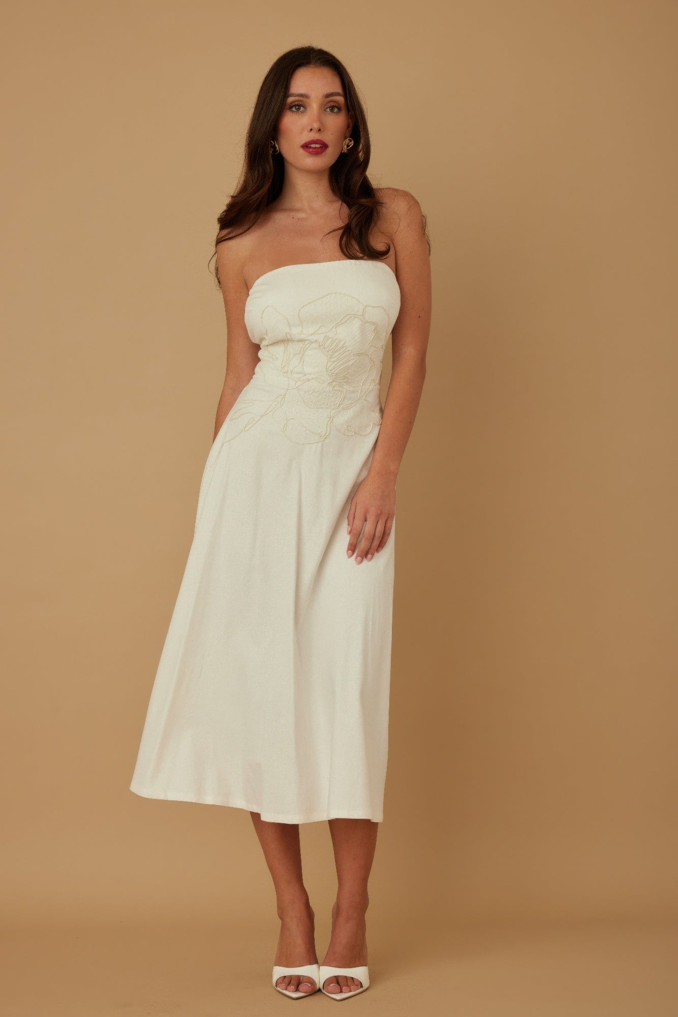 Floral Appliqu?? Strapless Midi Dress - Ivory Main image
