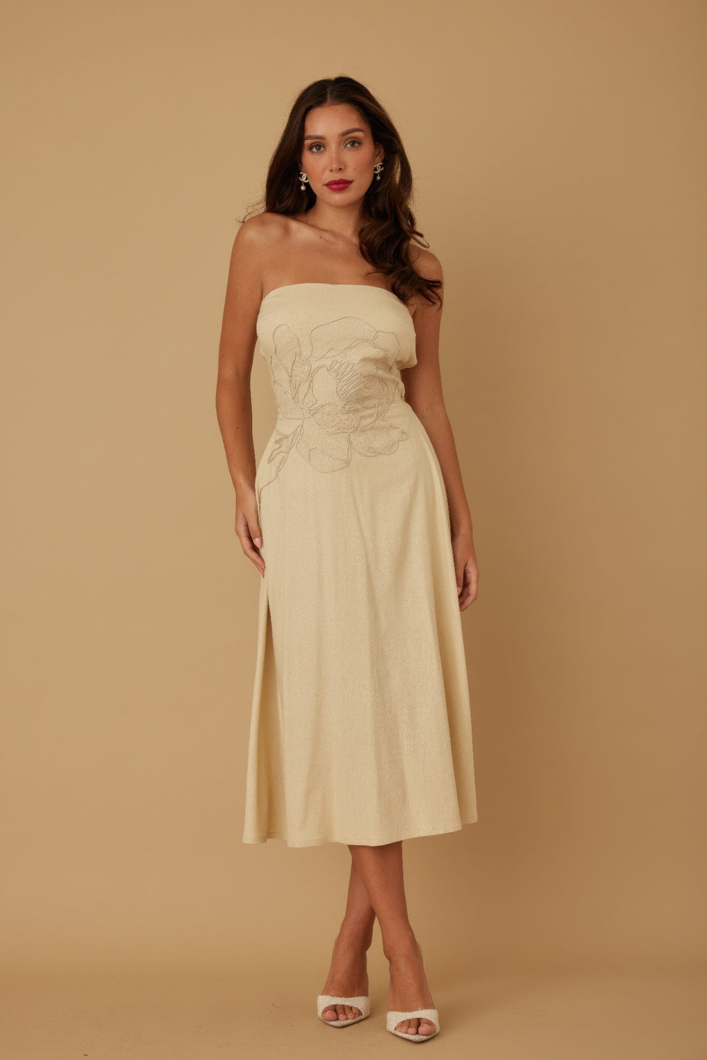 Floral Appliqu?? Strapless Midi Dress - Beige