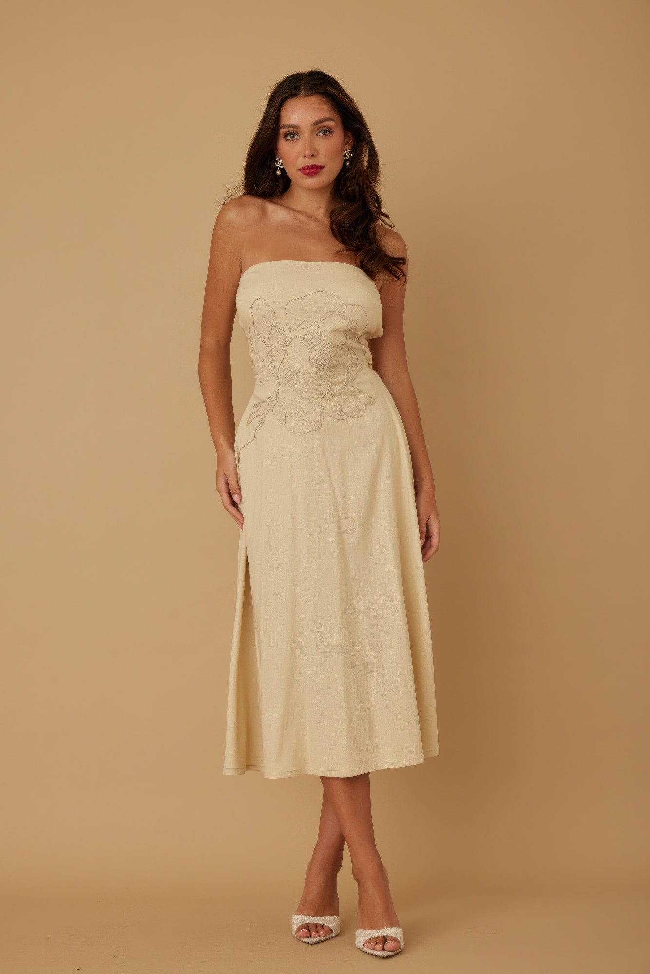 Floral Appliqu?? Strapless Midi Dress - Beige