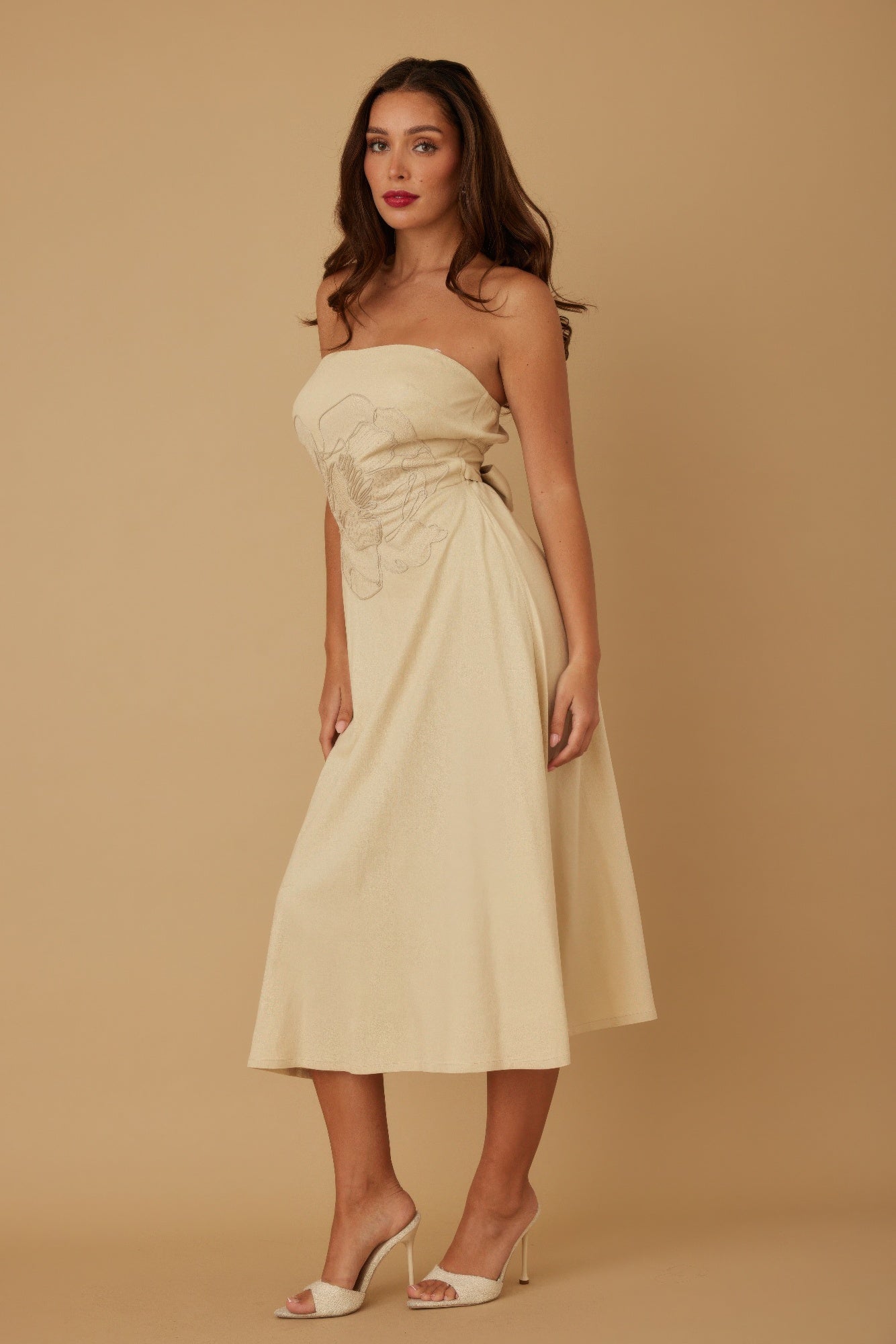 Floral Appliqu?? Strapless Midi Dress -