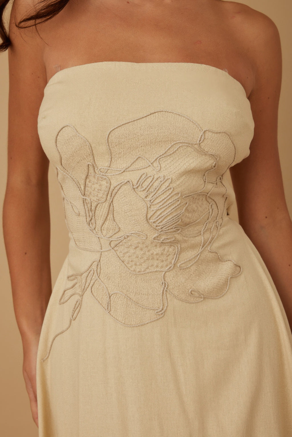 Floral Appliqu?? Strapless Midi Dress -