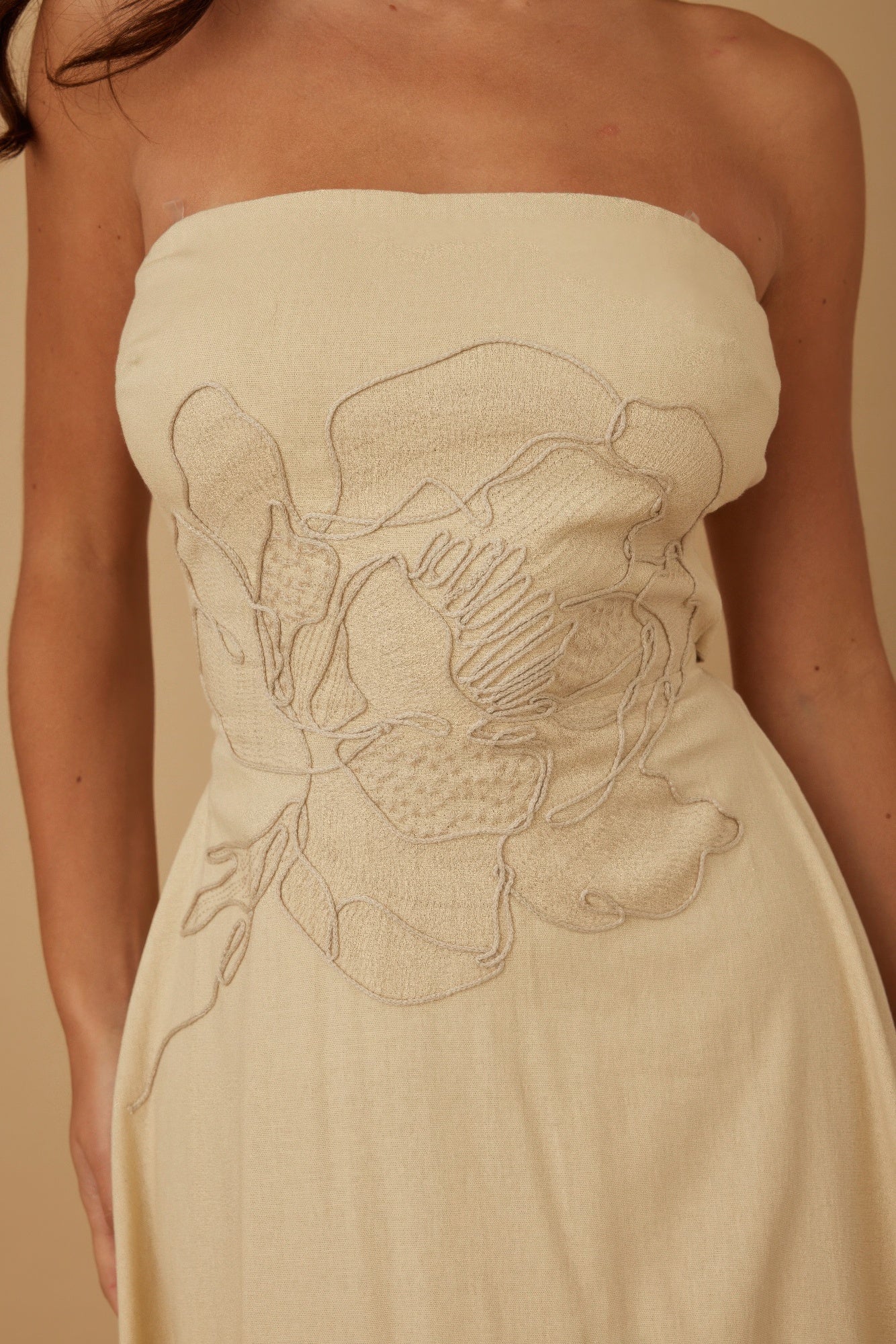 Floral Appliqu?? Strapless Midi Dress -