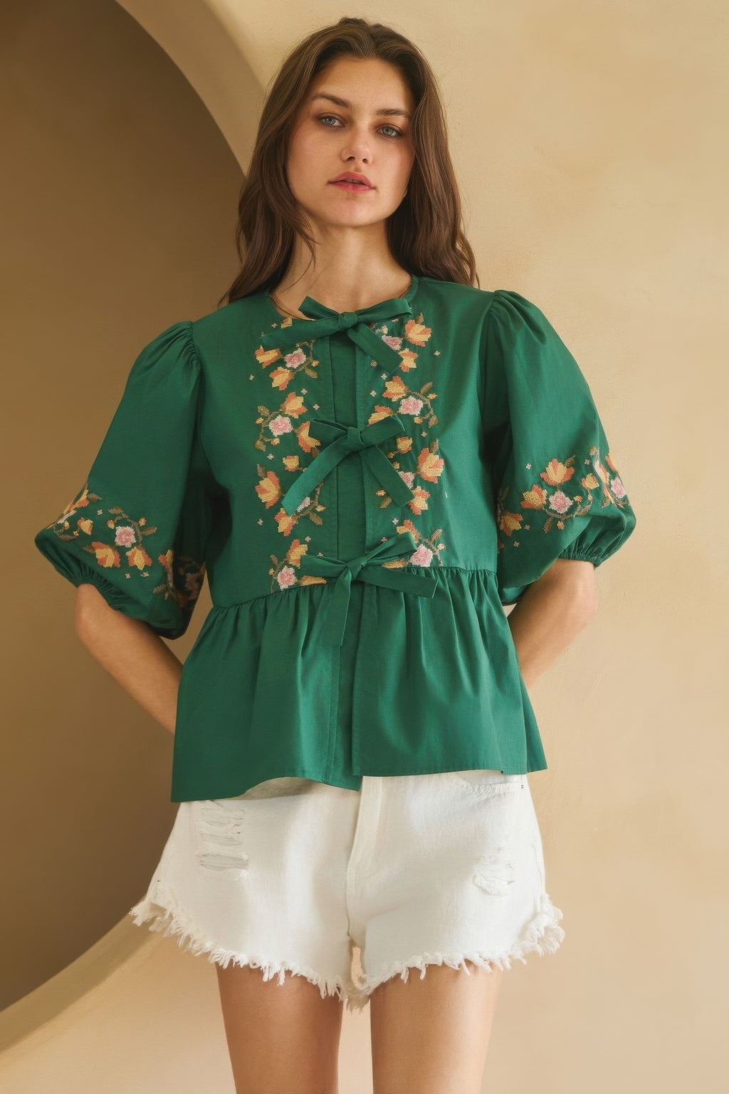 Embroidered Bow Peplum Blouse - Hunter green