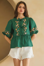 Embroidered Bow Peplum Blouse - Hunter green