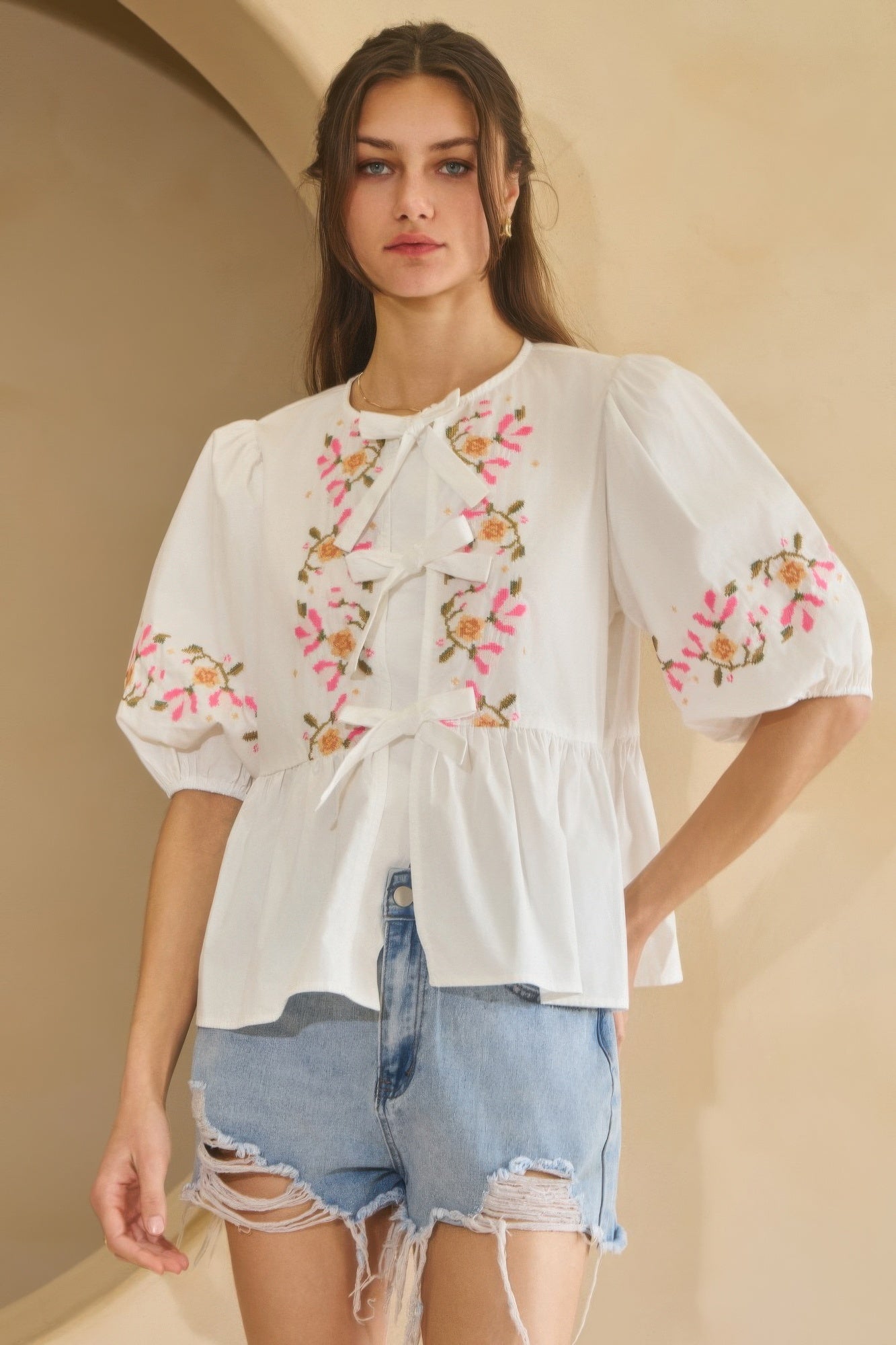 Embroidered Bow Peplum Blouse - Off white