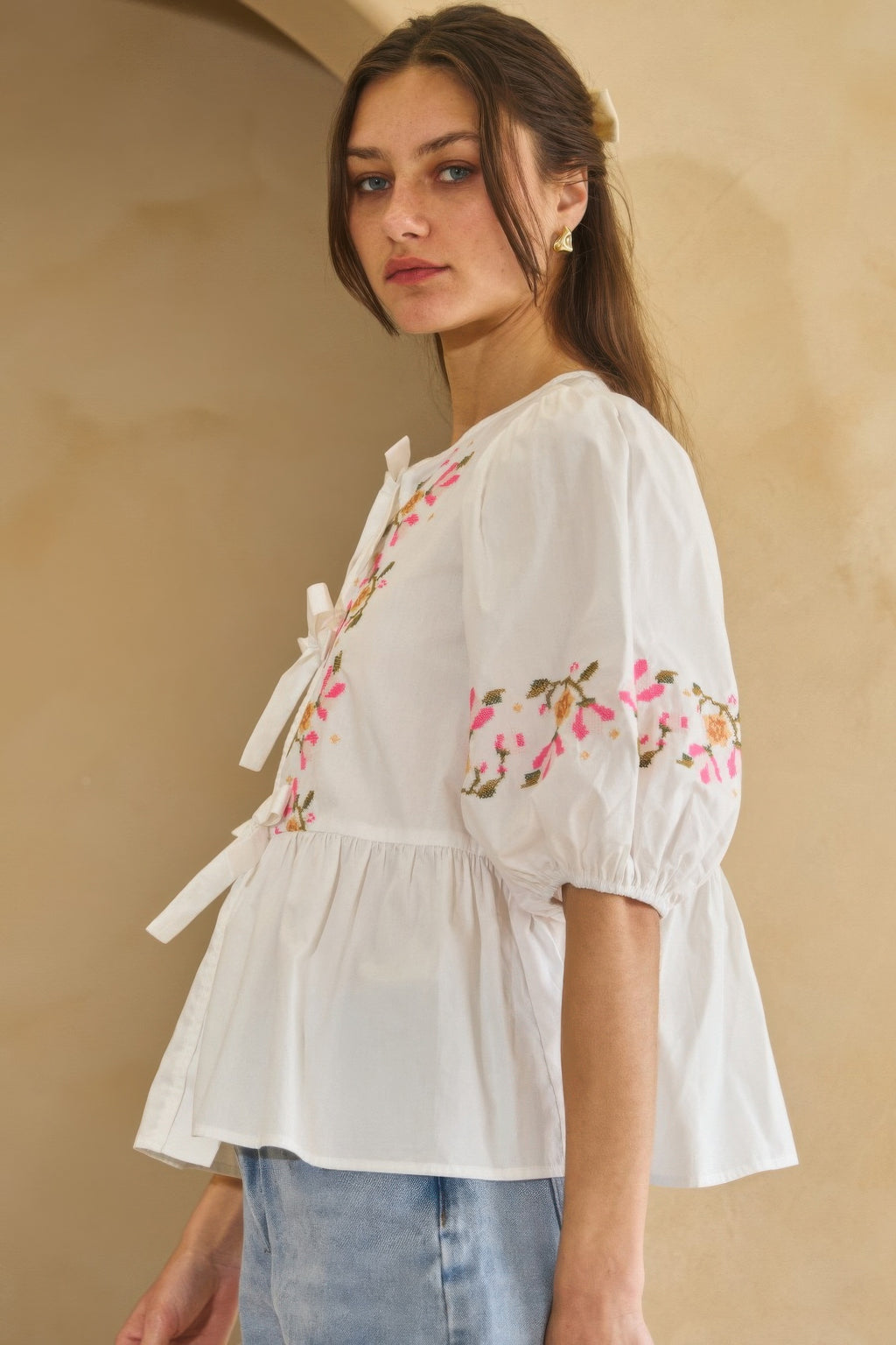 Embroidered Bow Peplum Blouse -