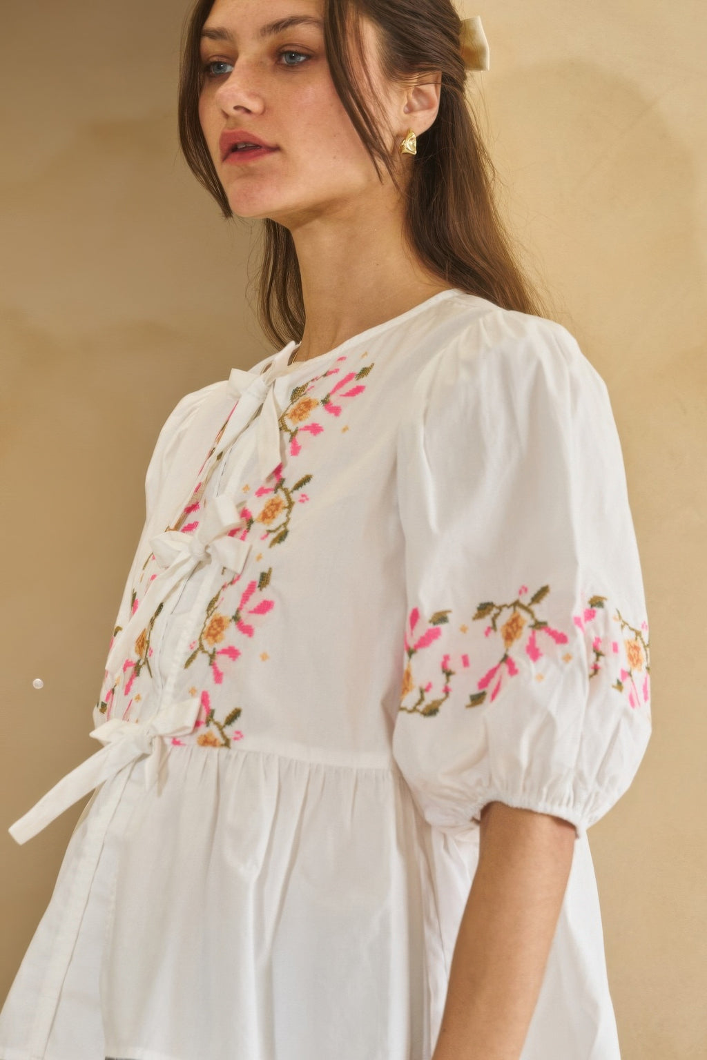 Embroidered Bow Peplum Blouse -