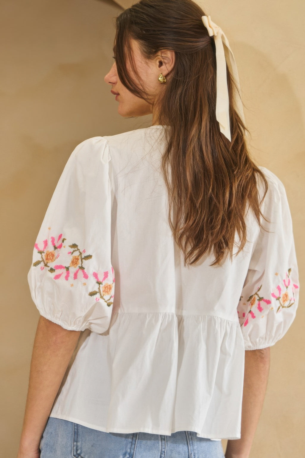 Embroidered Bow Peplum Blouse -