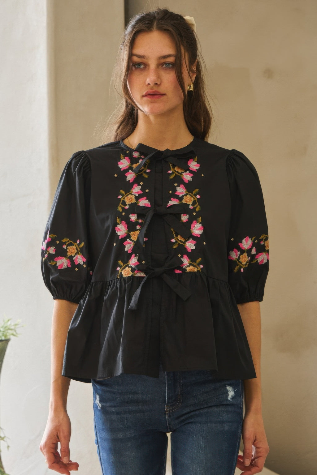 Embroidered Bow Peplum Blouse -