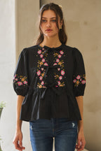 Embroidered Bow Peplum Blouse -