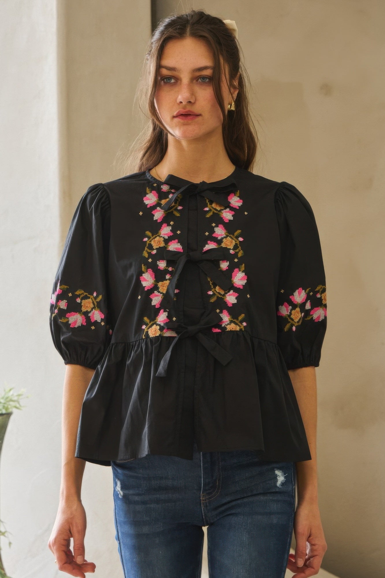 Embroidered Bow Peplum Blouse -