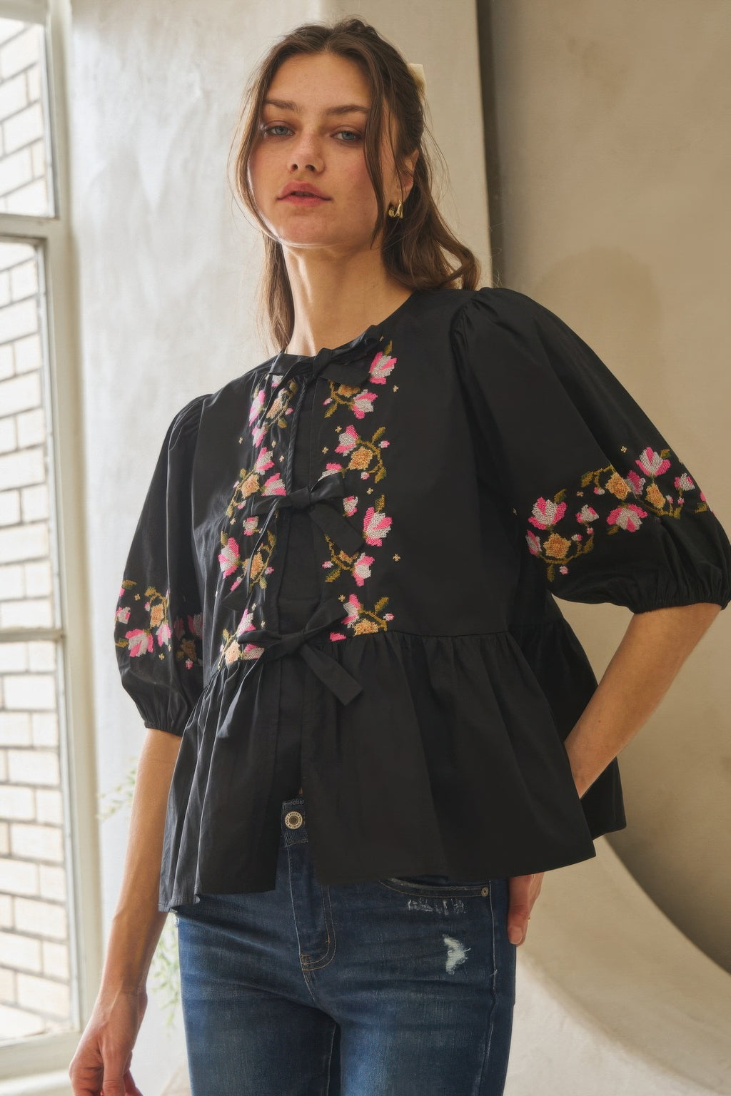 Embroidered Bow Peplum Blouse - Black