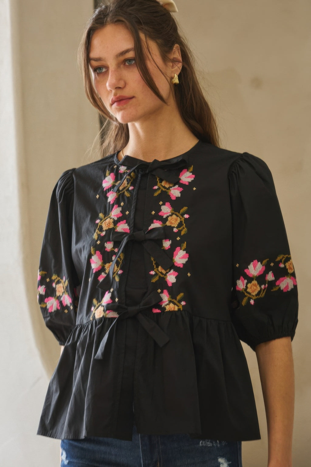 Embroidered Bow Peplum Blouse -
