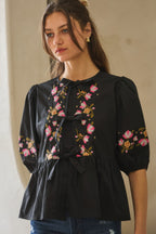 Embroidered Bow Peplum Blouse -
