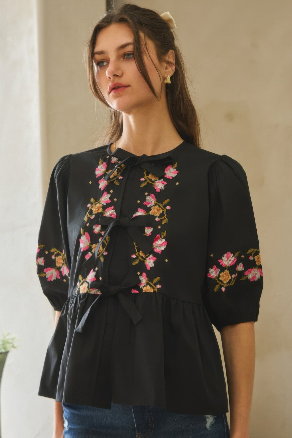 Embroidered Bow Peplum Blouse -
