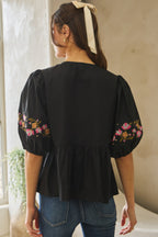 Embroidered Bow Peplum Blouse -