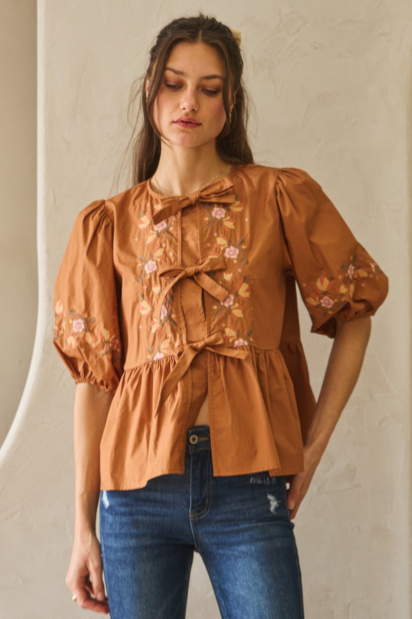 Embroidered Bow Peplum Blouse -